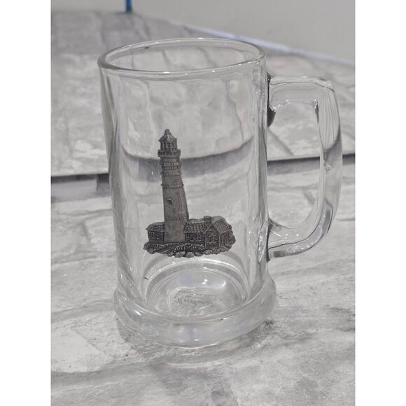 Vintage Hudson Clear Glass‎ Stein Beer Milk Pewter Lighthouse - Picture 1 of 8
